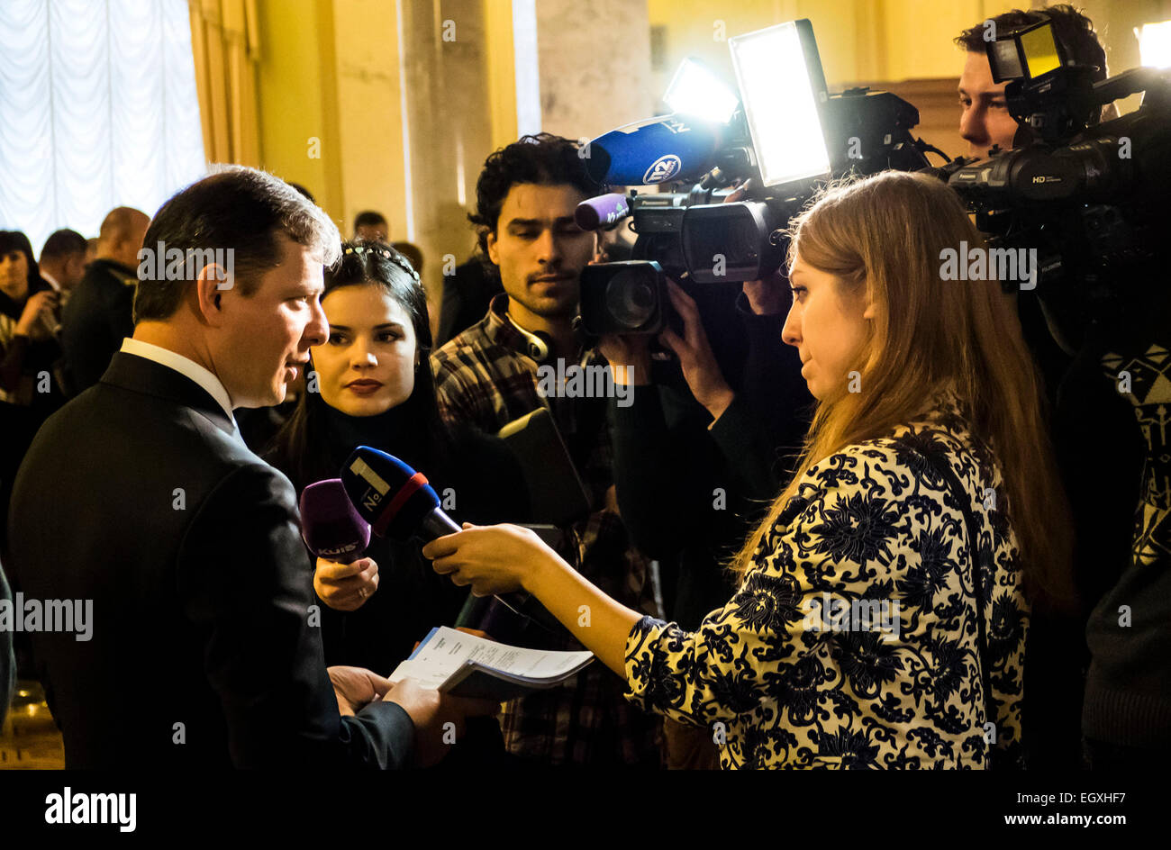 Leader of the Radical Party Oleg Lyashko -- In the hall of the Verkhovna Rada after the break started a new fight between the leader of the faction Radical Party Oleg Lyashko and a former member, a former battalion commander 'Aydar' Sergei Melnychuk, who today became a deputy group 'will of the people.' Speaker Volodymyr Groisman decided to continue the meeting in such a situation was inappropriate and announced the completion of the work, but that did not stop the fight. 'Radicals' Andrew Lozovoi during a brawl broke his head bleeding. Stock Photo