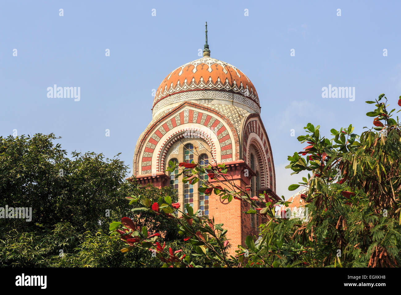 Red brick Indo-Saracenic style Senate House, main building of University of Madras, Chepauk Campus, Chennai, Tamil Nadu, southern India Stock Photo