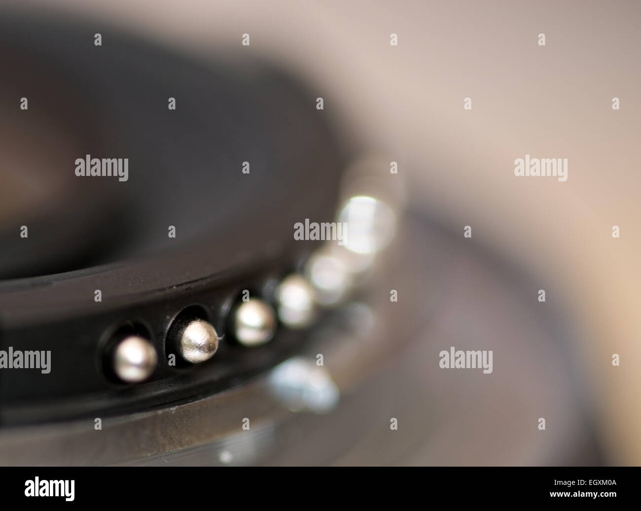Camera part lens closeup macro with narrow focus for background blur. Stock Photo