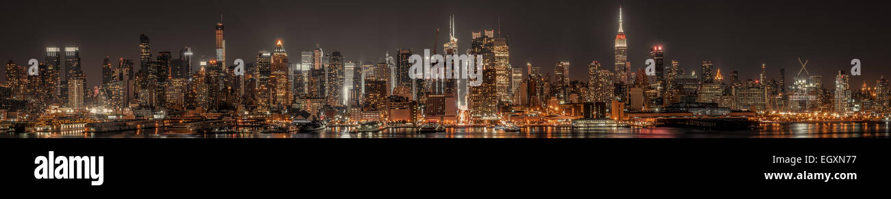 Lower Manhattan skyline at night panoramic view Stock Photo - Alamy