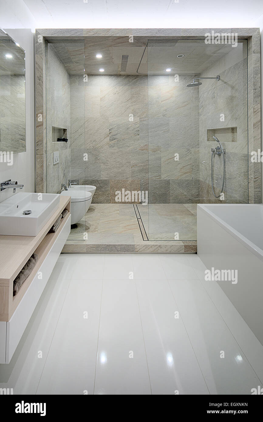 Bathroom in a modern loft style. Sink, toilet, bidet, shower. Stock Photo