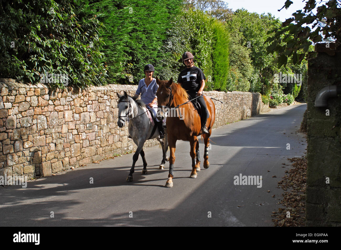 Horse riding along a typical quiet country lane / Jersey / UK Stock Photo Alamy