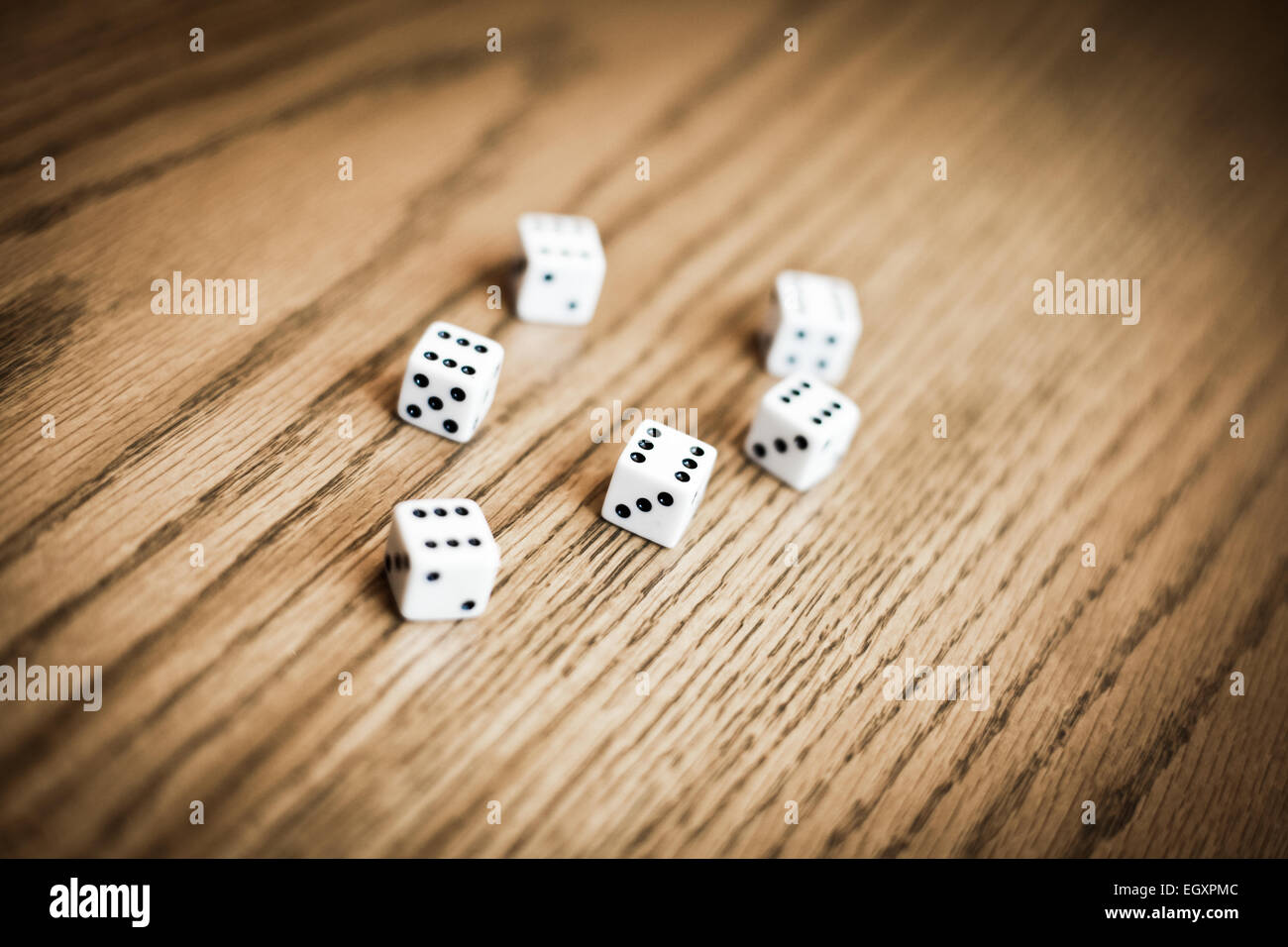 Throwing six dice and getting a perfect score ! - Luck concept. Stock Photo