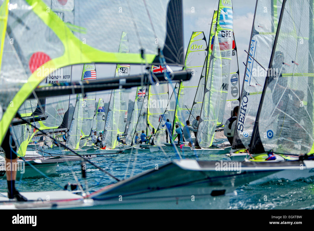 49 and 49erFX training in preparation for the ISAF world in Santander, Spain. Stock Photo