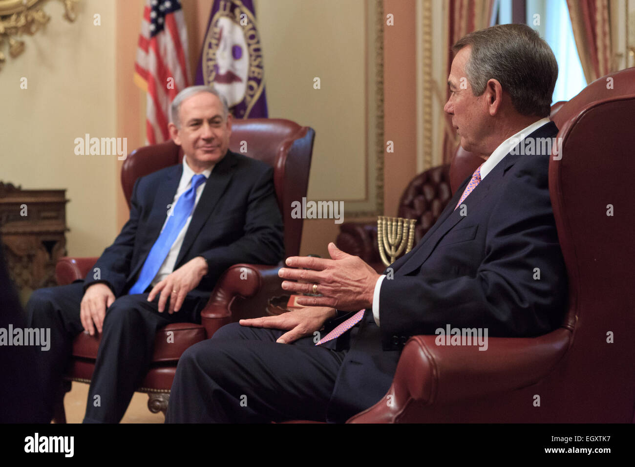US Speaker of the House John Boehner meets Israeli Prime Minister Benjamin Netanyahu before his third addresses to a joint session of Congress March 3, 2015 in Washington, DC. Netanyahu was invited by the Republican majority against usual protocol and railed against a possible Iranian nuclear deal currently being negotiated by U.S. Secretary of State John Kerry. Stock Photo