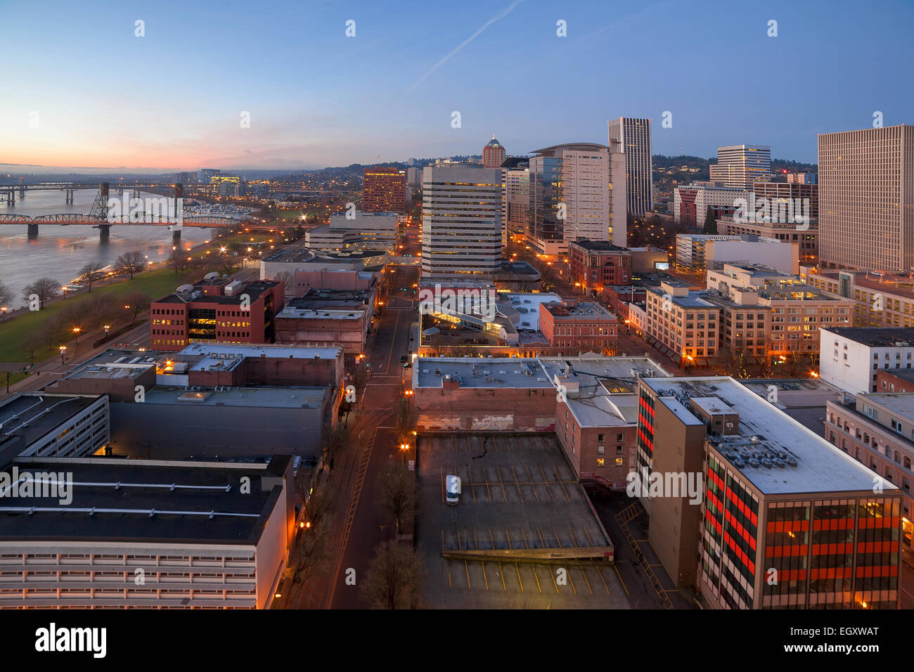 Portland Oregon downtown cityscape aerial view during early morning Stock Photo