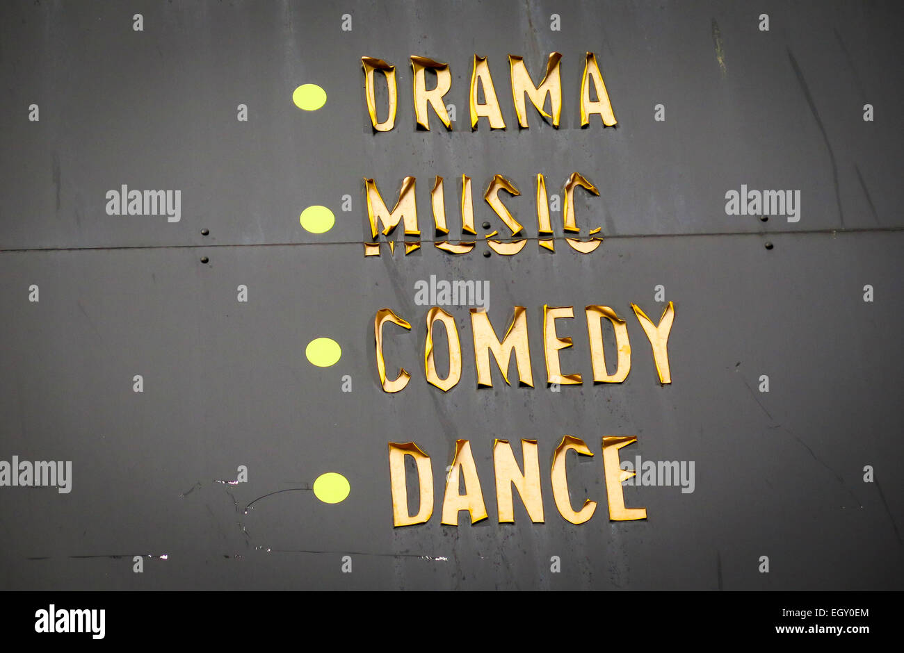 Faded weathered sign for Drama Music Comedy Dance Stock Photo