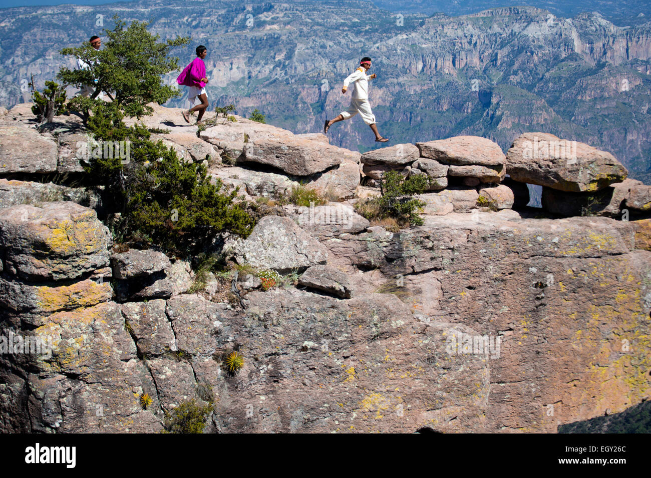 Raramuri world class runners run to Piedra Volada in Cooper Canyon, Chihuahua Stock Photo