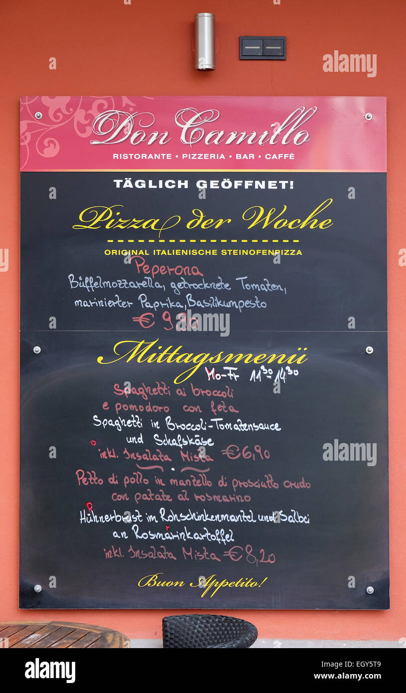 Blackboard with offerings of a restaurant in Graz, Styria, Austria on January 10, 2015. Stock Photo