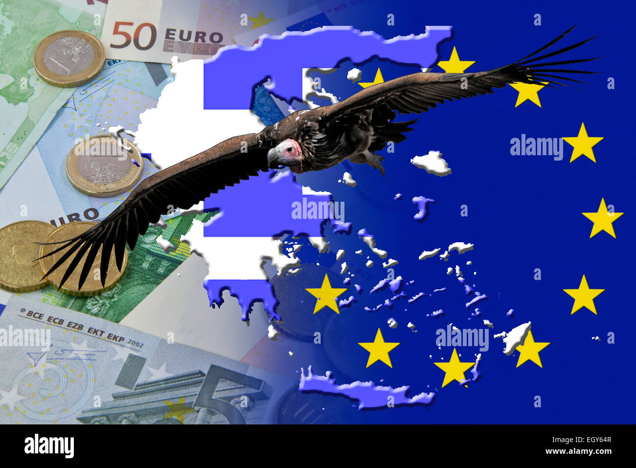 Vulture over Euro notes and coins and Greece flag Stock Photo