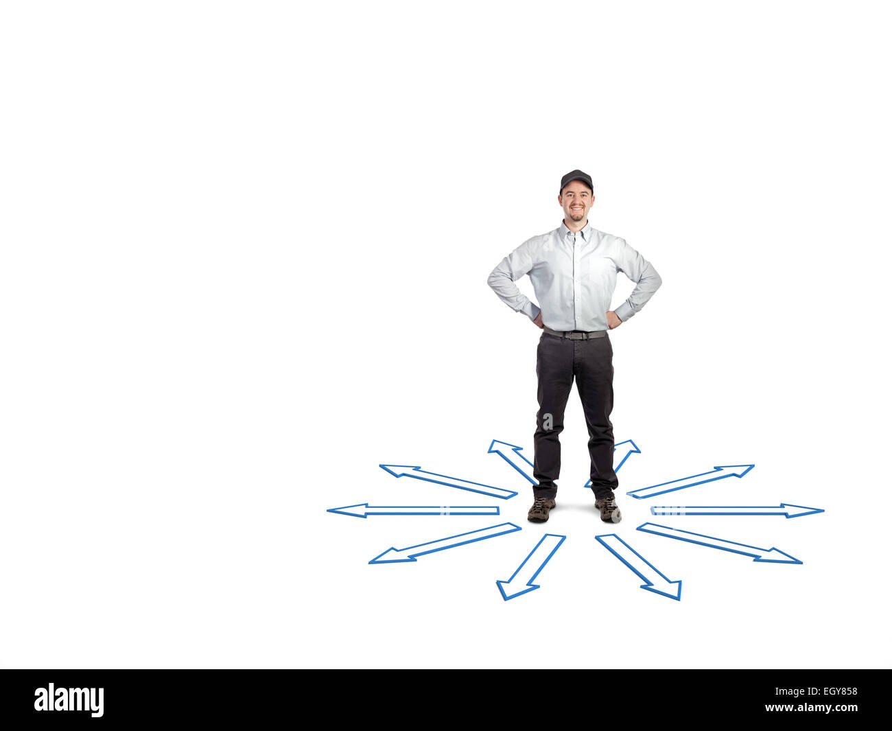 smiling standing worker and direction arrows Stock Photo