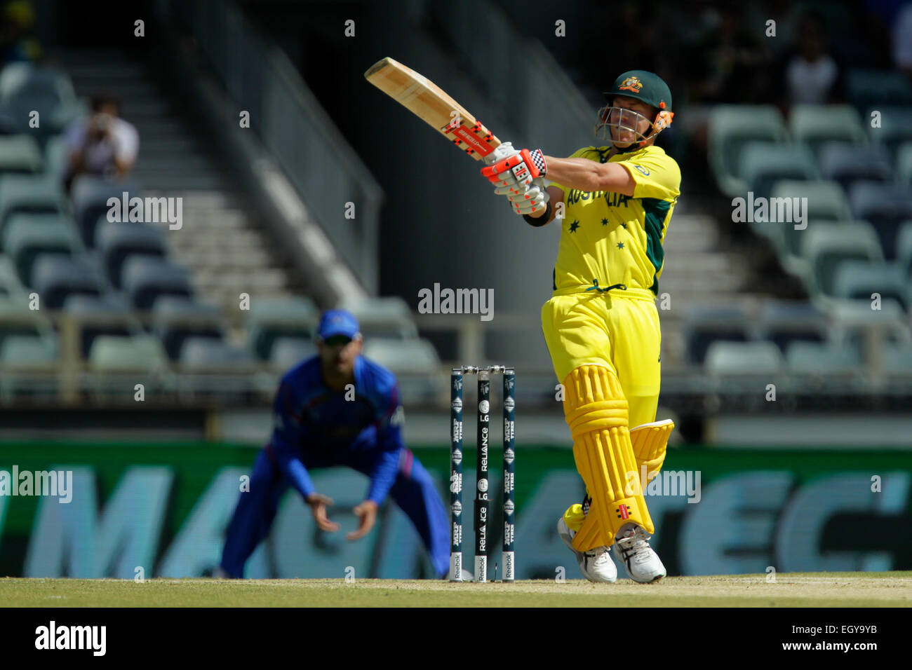 Perth, Australia. 04th Mar, 2015. ICC Cricket World Cup. Australia versus Afghanistan. David Warner hits the ball to the boundary. Credit:  Action Plus Sports/Alamy Live News Stock Photo