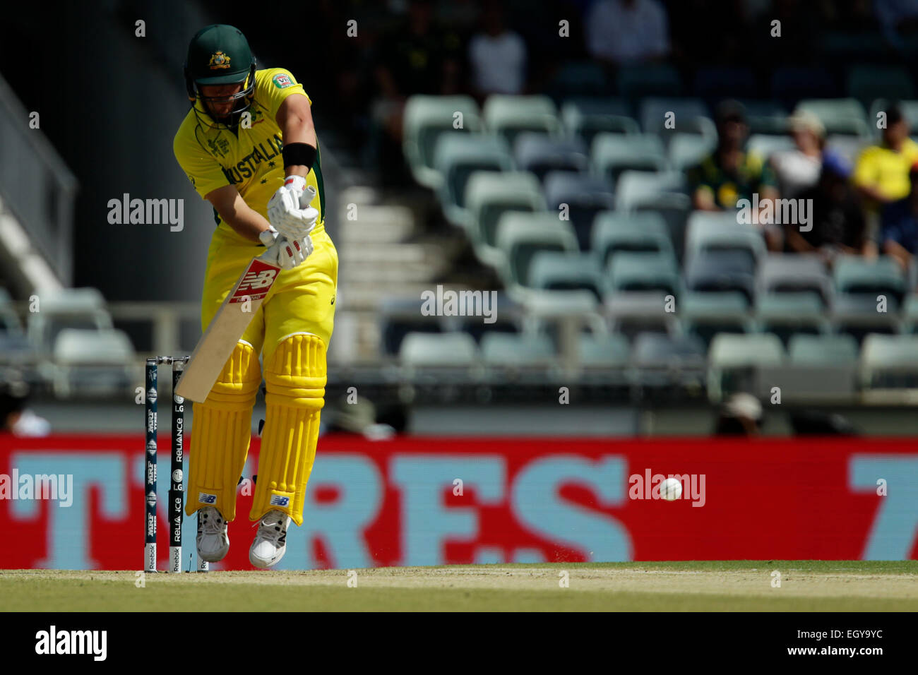 Perth, Australia. 04th Mar, 2015. ICC Cricket World Cup. Australia versus Afghanistan. Aaron Finch defends. Credit:  Action Plus Sports/Alamy Live News Stock Photo