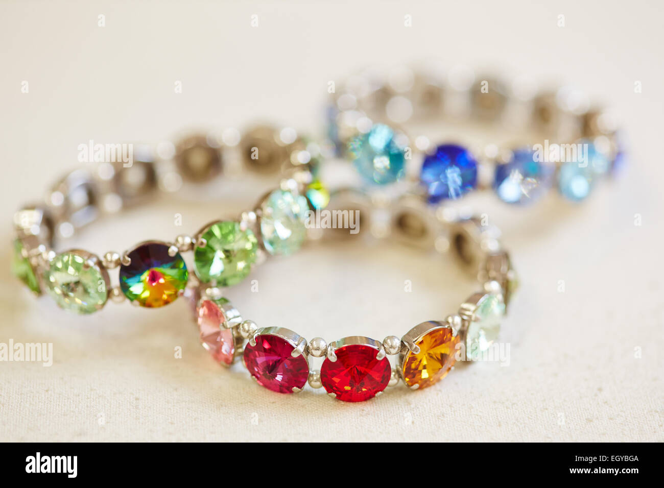 Colorful bracelets on display in a jewelry store Stock Photo