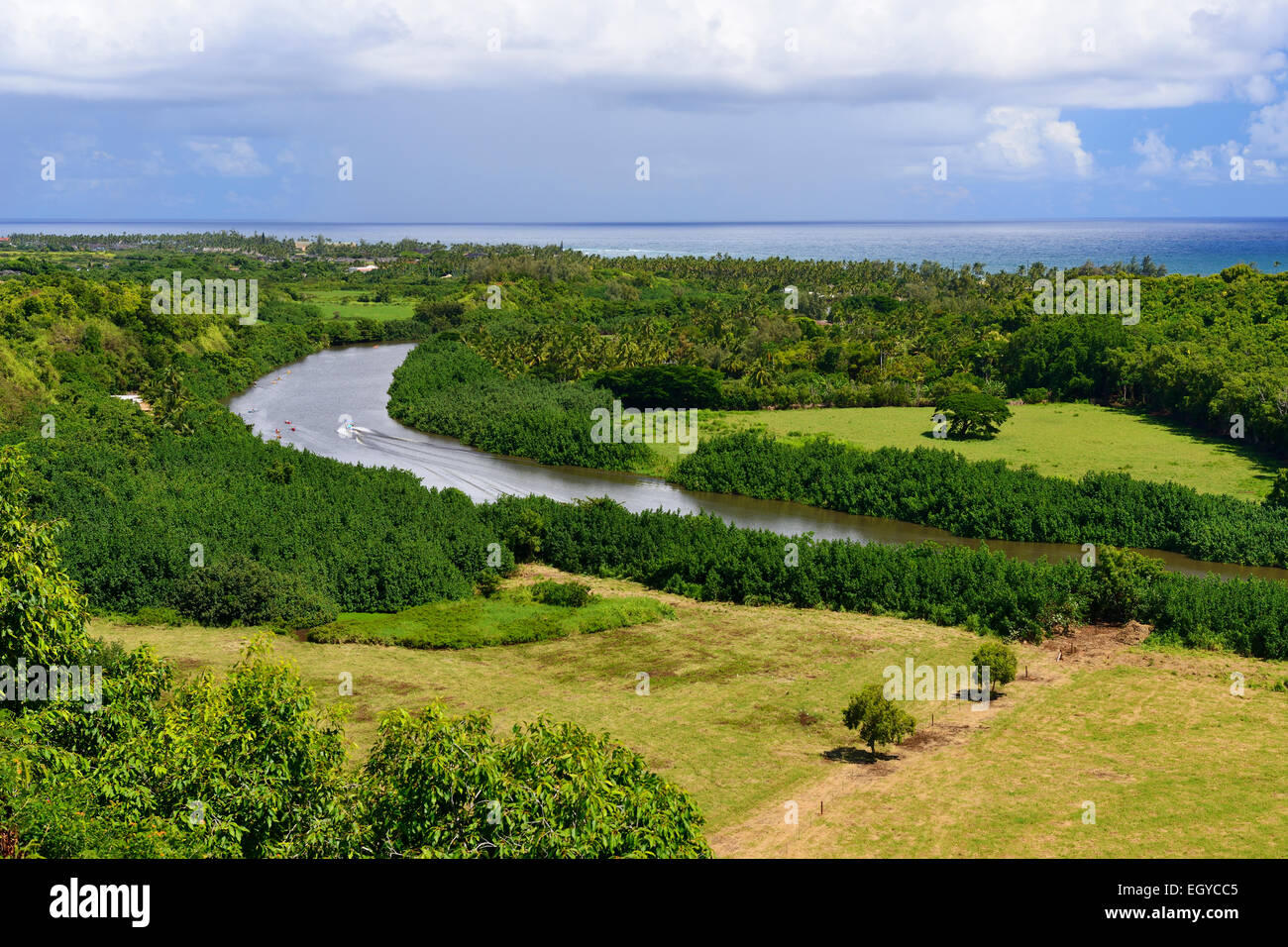 Wailua River Valley from Poliahu Heiau scenic overlook, Kauai, Hawaii