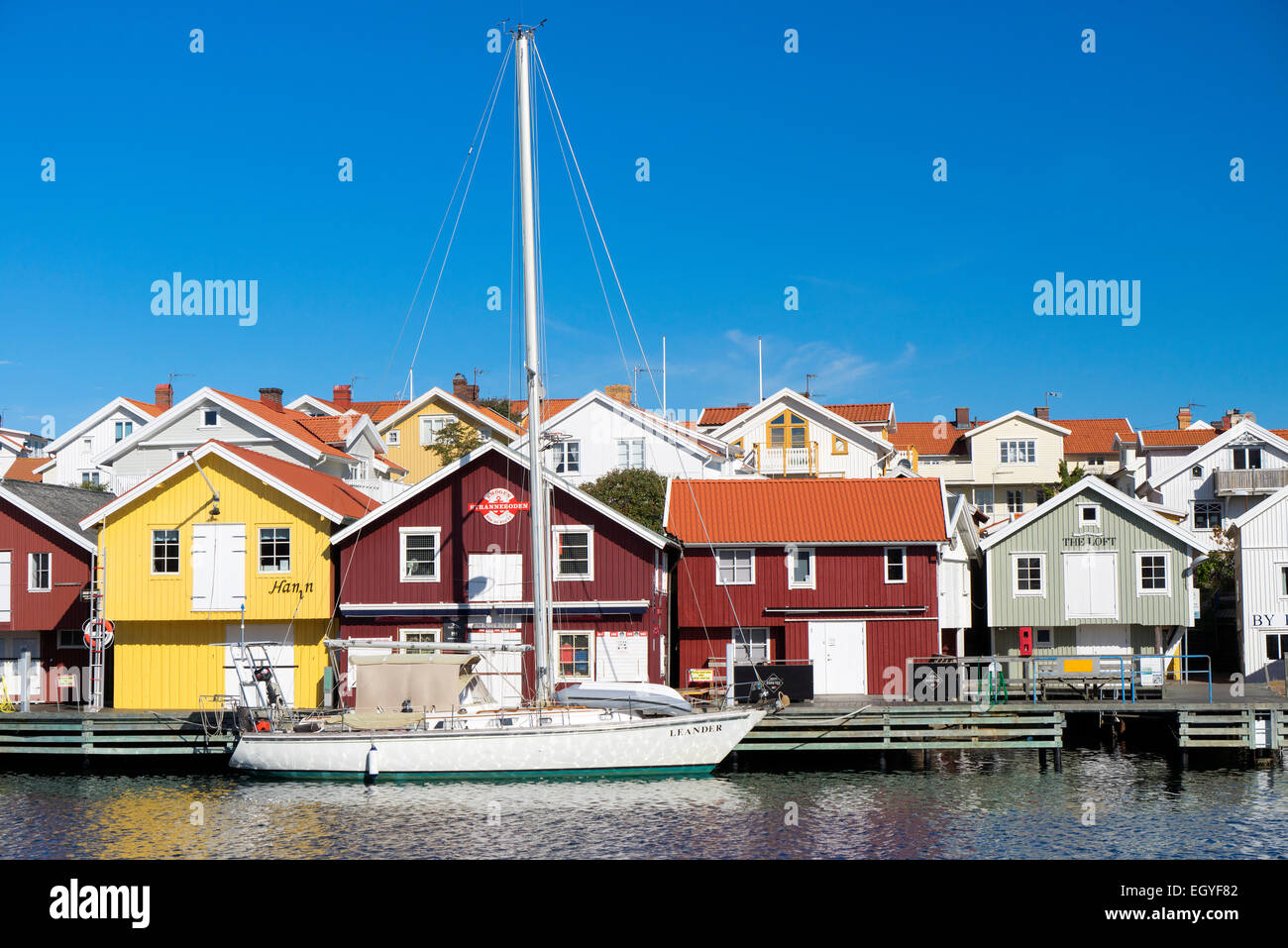 Sailing yacht in the harbour of Smögen, Smögenbryggan, Västra Götaland ...