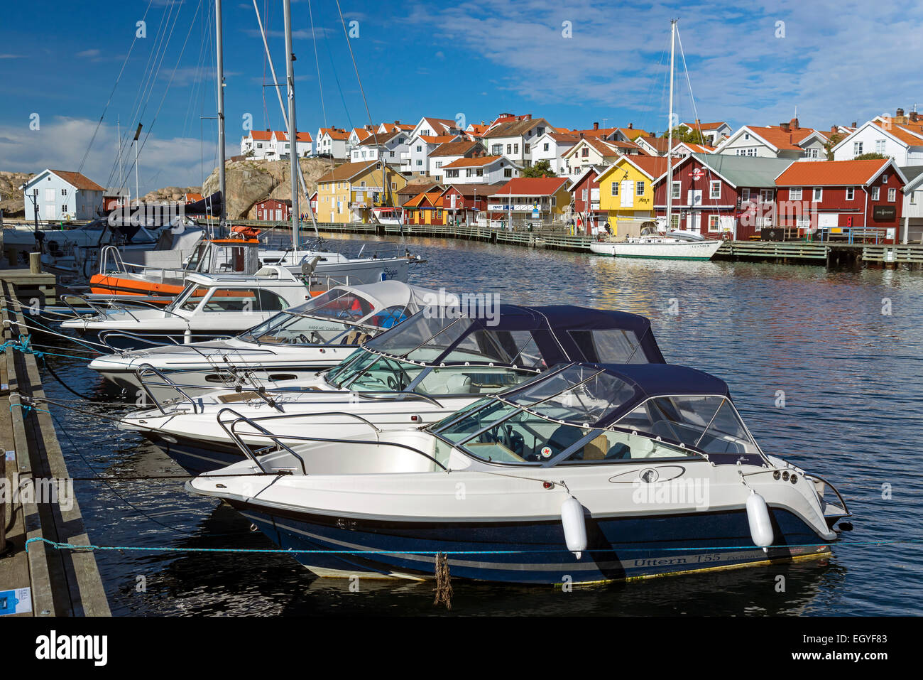 Boats in the harbour of Smögen, Smögenbryggan, Västra Götaland County ...