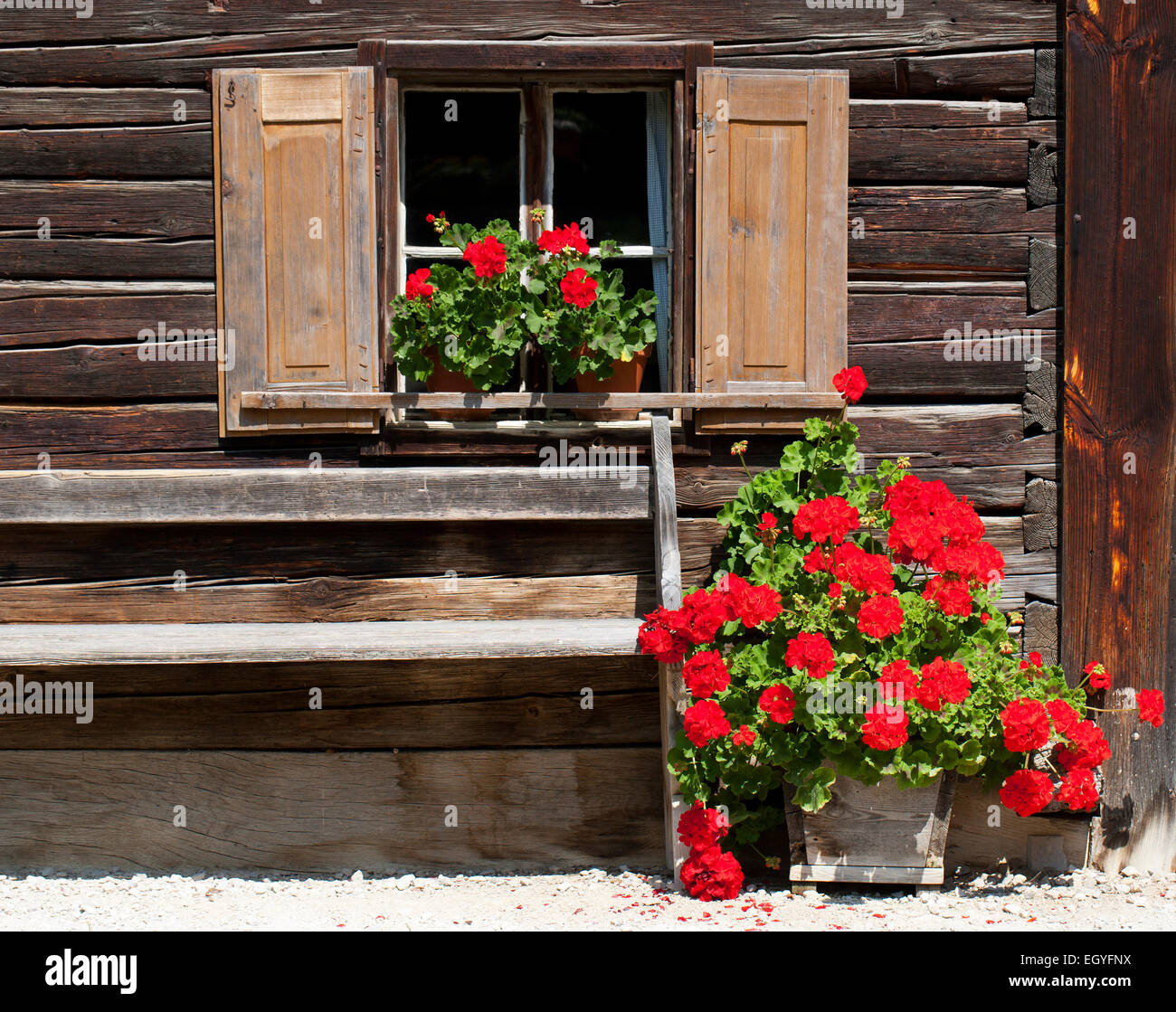 Window with geraniums, farmhouse, open-air museum Großgmain, Großgmain, Salzburg State, Austria Stock Photo
