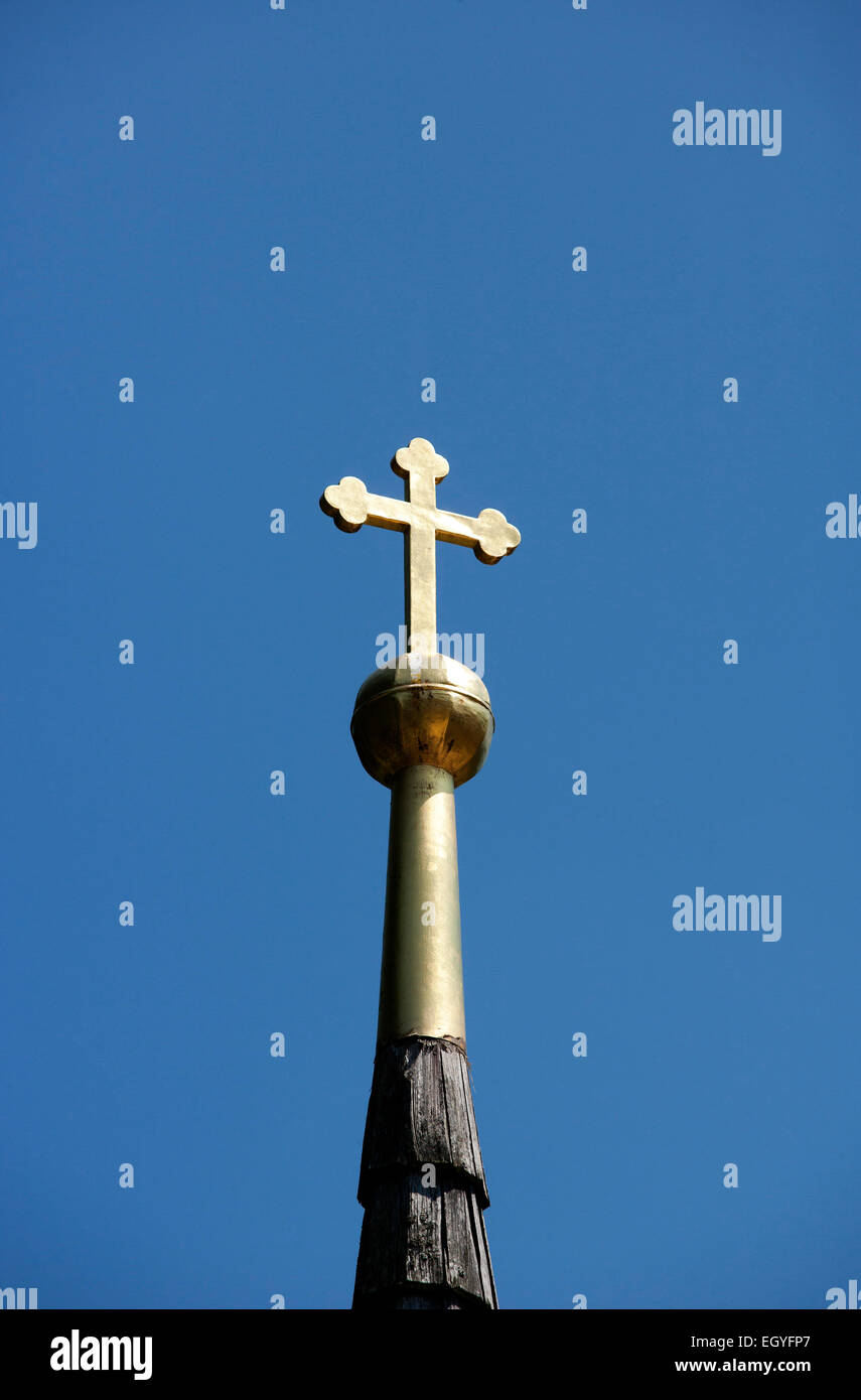 Cross on the steeple, open-air museum Großgmain, Großgmain, Salzburg State, Austria Stock Photo