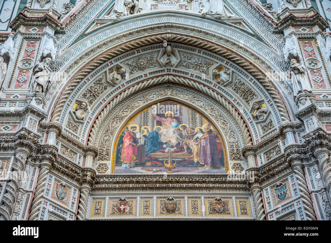 Marble façade of Florence Cathedral, Cattedrale di Santa Maria del Fiore with the dome by Brunelleschi Stock Photo