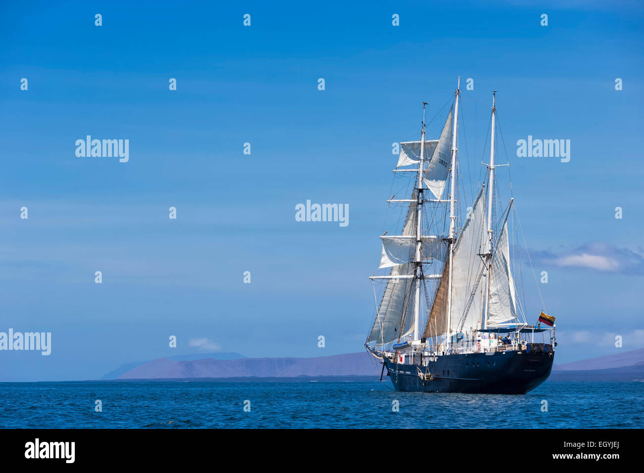 Pacific Ocean, sailing ship under sail at Galapagos Islands Stock Photo