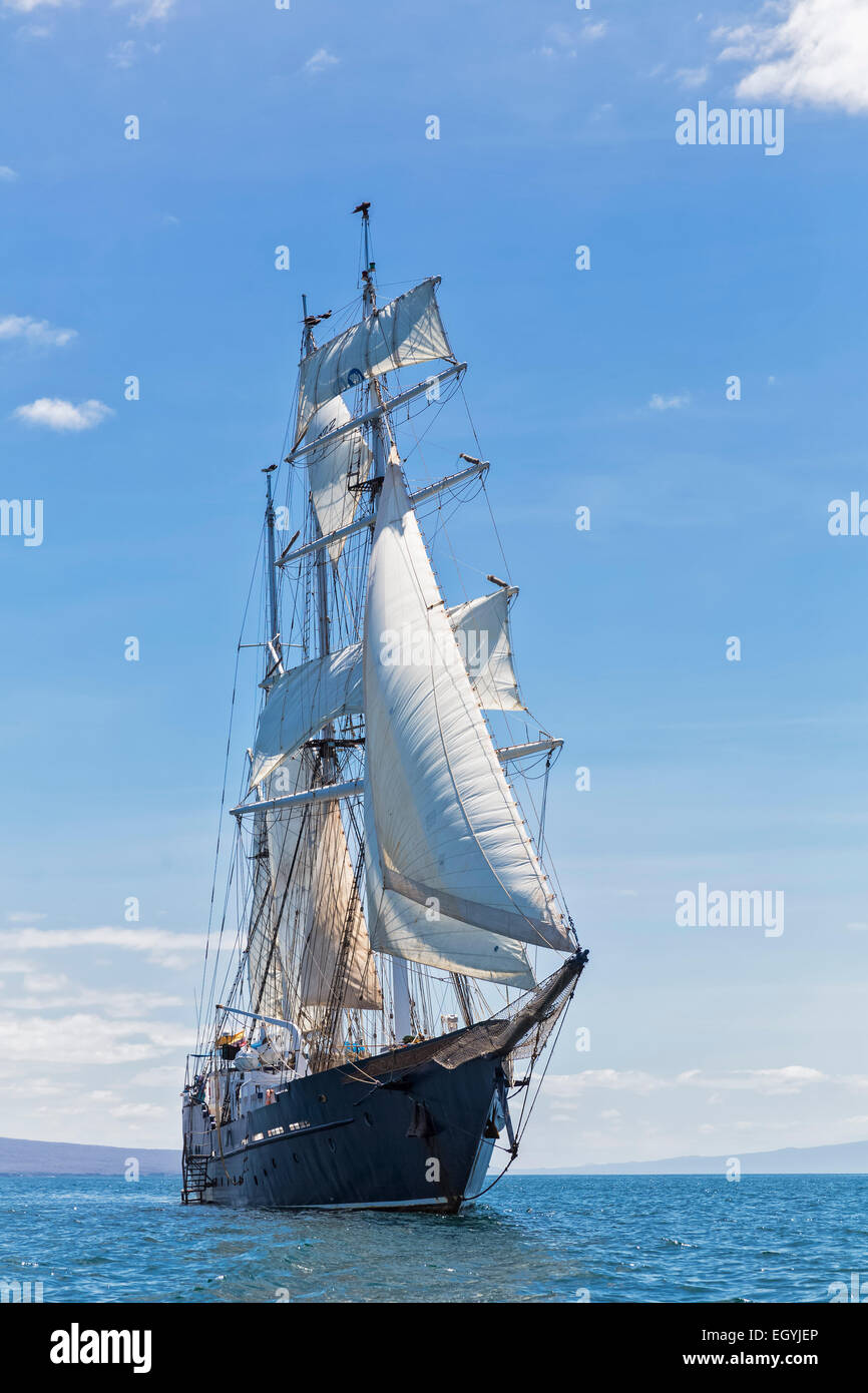 Pacific Ocean, sailing ship under sail at Galapagos Islands Stock Photo