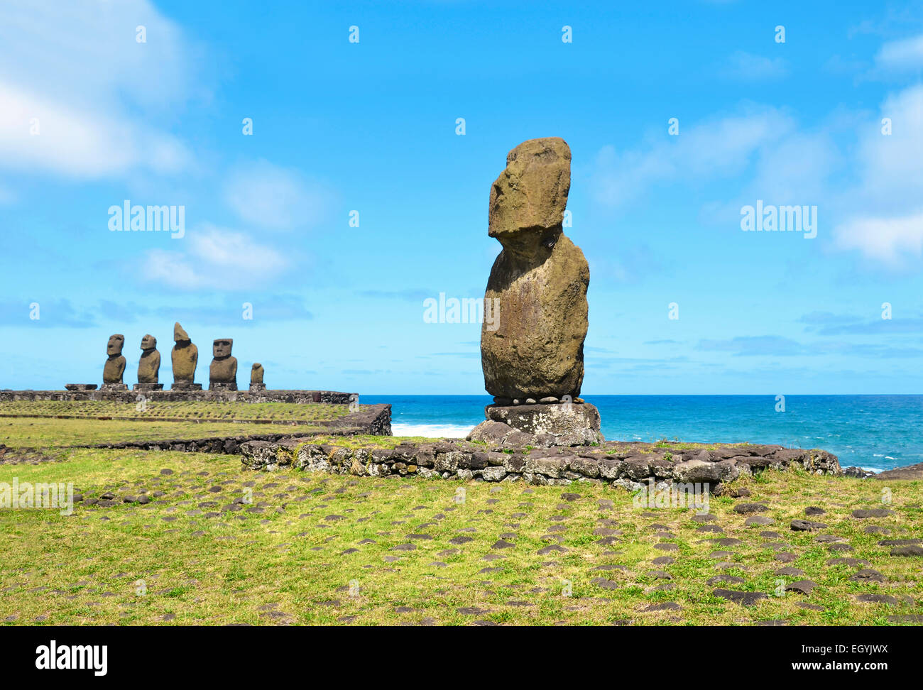 Chile, Easter Island, Hanga Roa, moais in the Tahai Ceremonial Complex Stock Photo