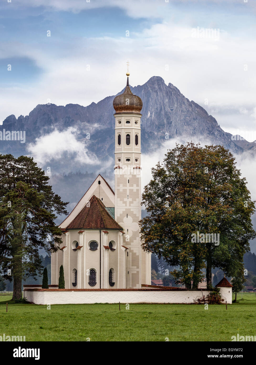 Germany, Bavaria, view to Koloman's Church in front of Tannheim ...