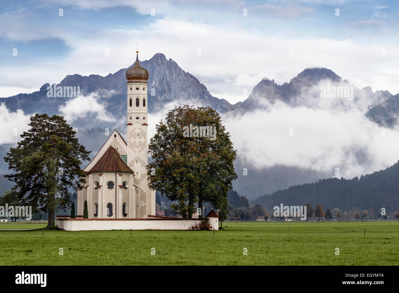 Germany, Bavaria, view to Koloman's Church in front of Tannheim ...