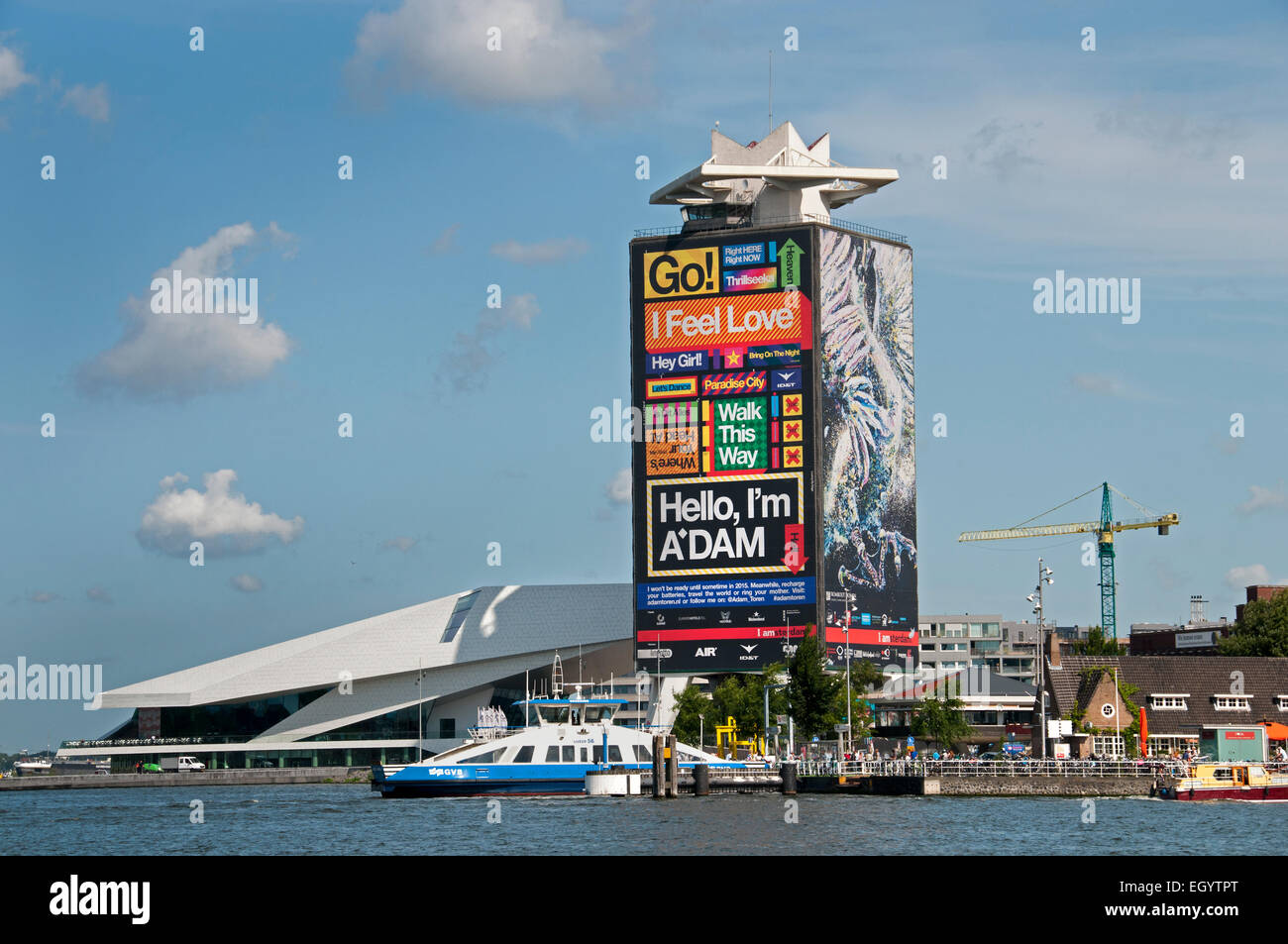 Waterfront of Amsterdam Noord district with modern building of EYE Film Institute and Amsterdam Tower The Netherlands, Amsterdam, Stock Photo