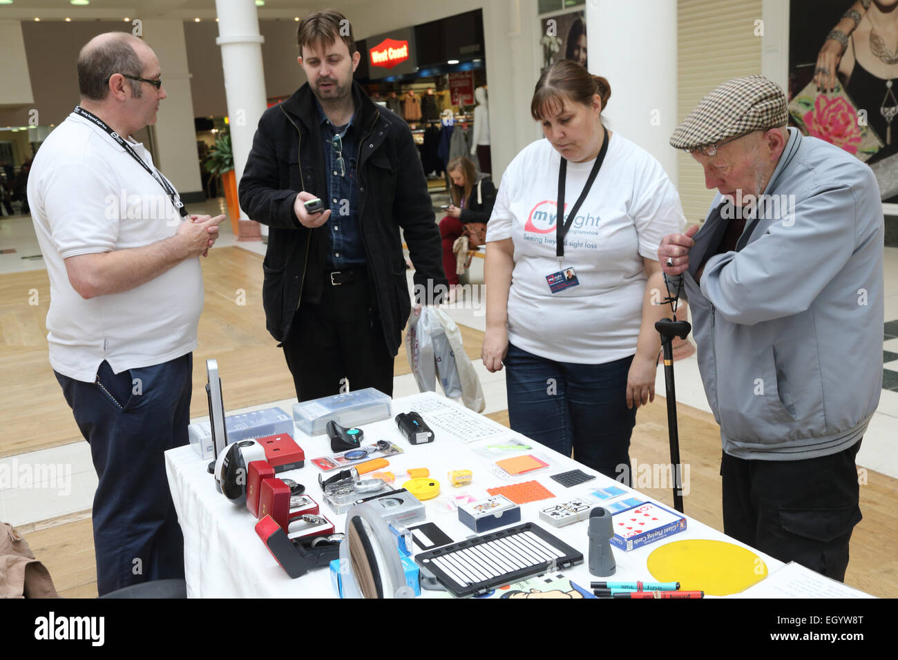 Stall promoting products and services for people with visual impairments, run by the charity Mysight in Nottingham Victoria Shop Stock Photo