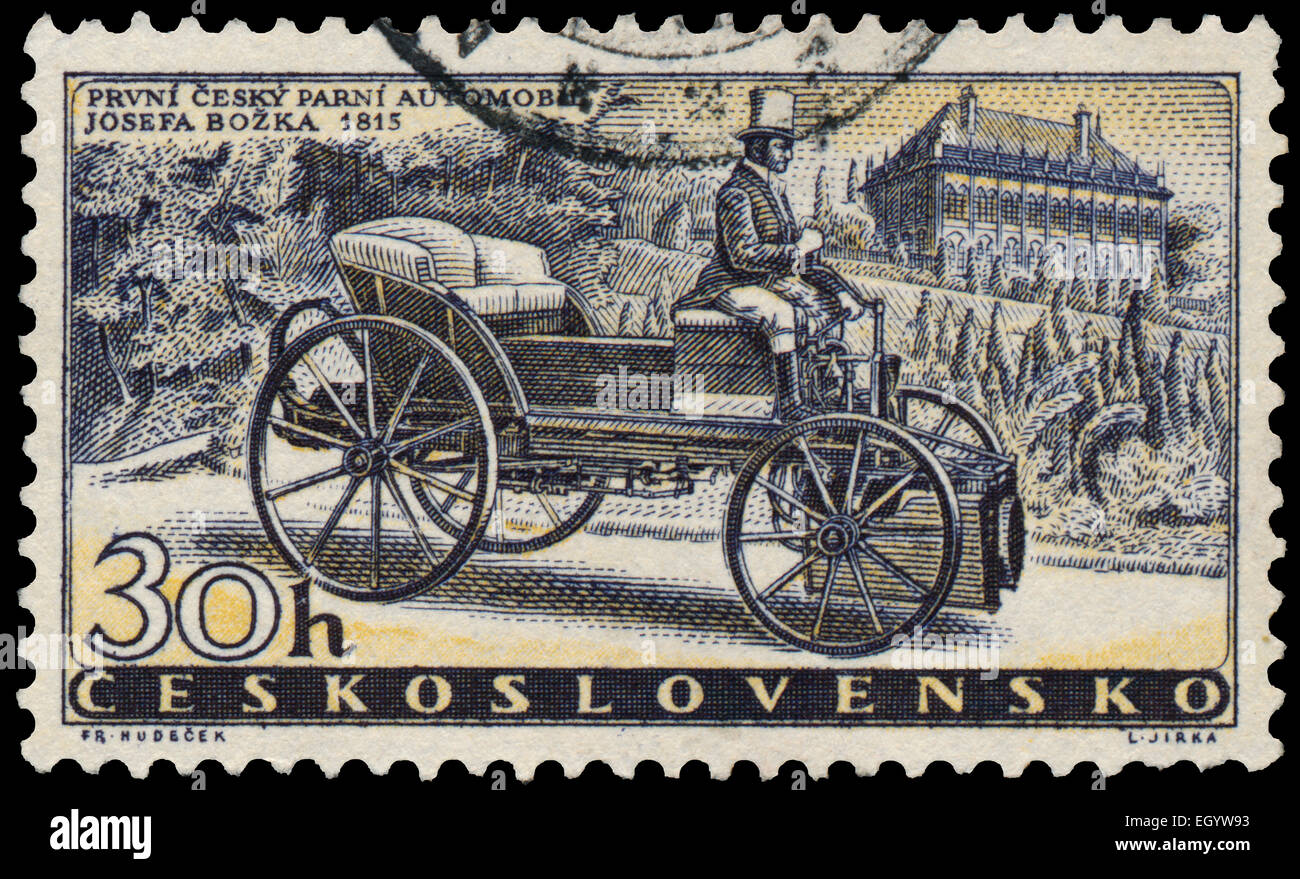 CZECHOSLOVAKIA - CIRCA 1958: Stamp printed in Czechoslovakia, shows Bozek’s Steam Car of 1815, circa 1958 Stock Photo