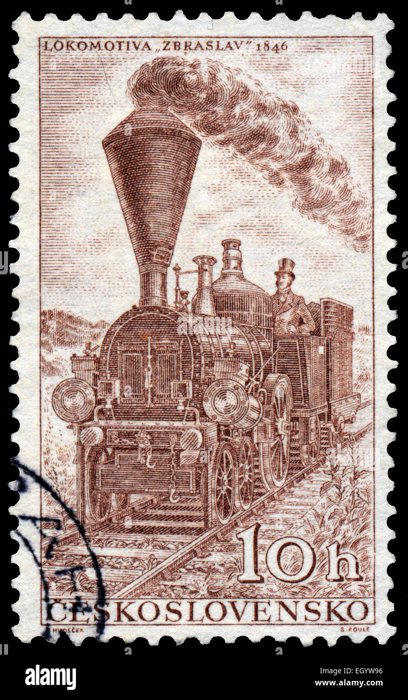 CZECHOSLOVAKIA - CIRCA 1956: Stamp printed in Czechoslovakia shows the 'zbraslav' retro locomotive of 1846, circa 1956. Stock Photo