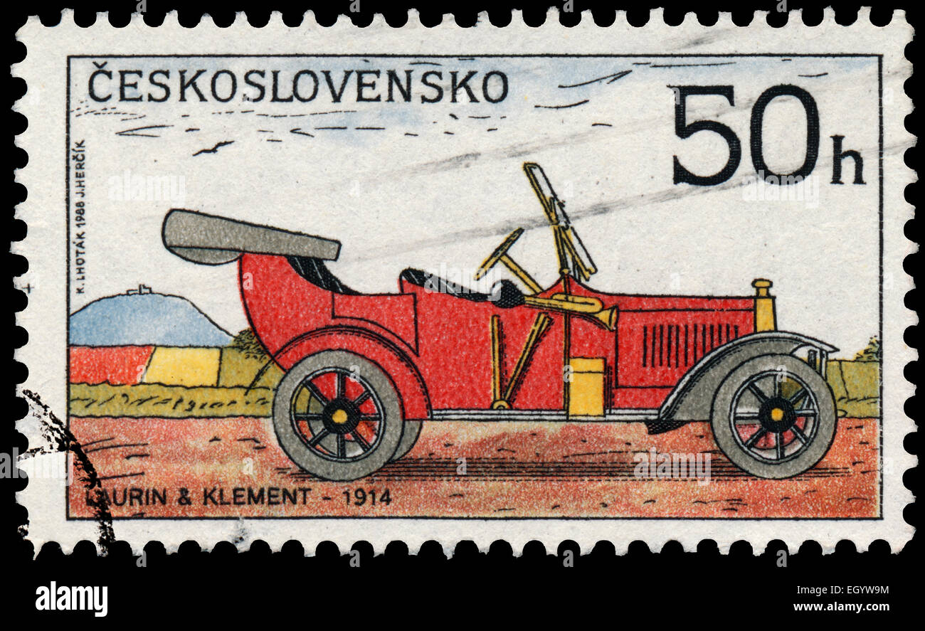 CZECHOSLOVAKIA - CIRCA 1988: Stamp printed in Czechoslovakia from the 'Historic Motor Cars' issue shows Laurin and Klement Car,  Stock Photo