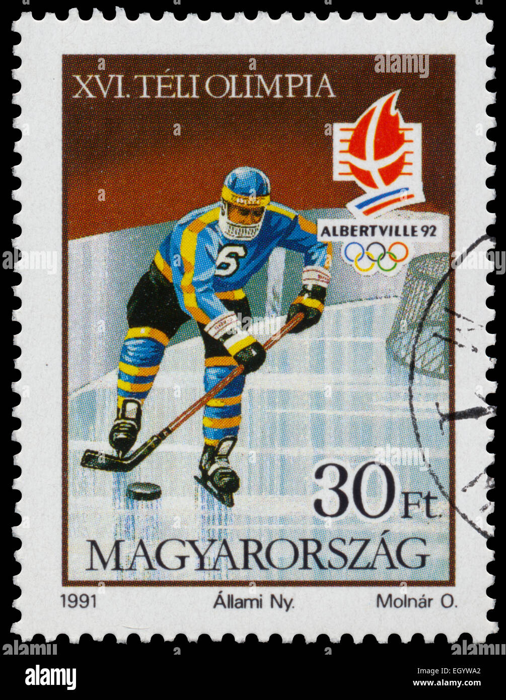 HUNGARY CIRCA 1991 Stamp printed in Hungary shows Ice hokey at the