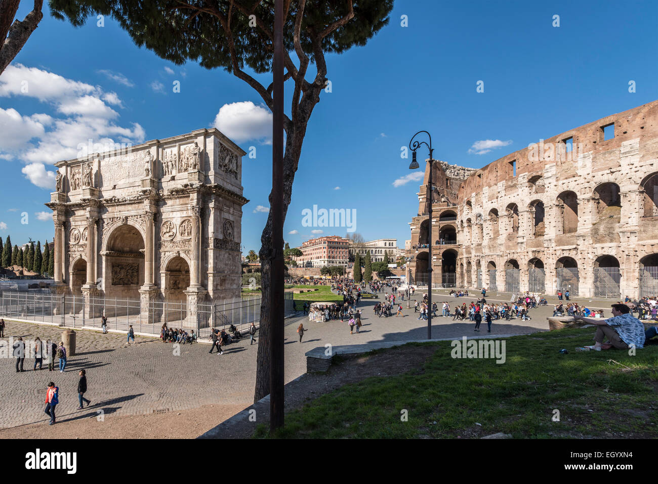 Rome. Italy. Arch of Constantine & the Colosseum, Piazza del Colosseo. Stock Photo
