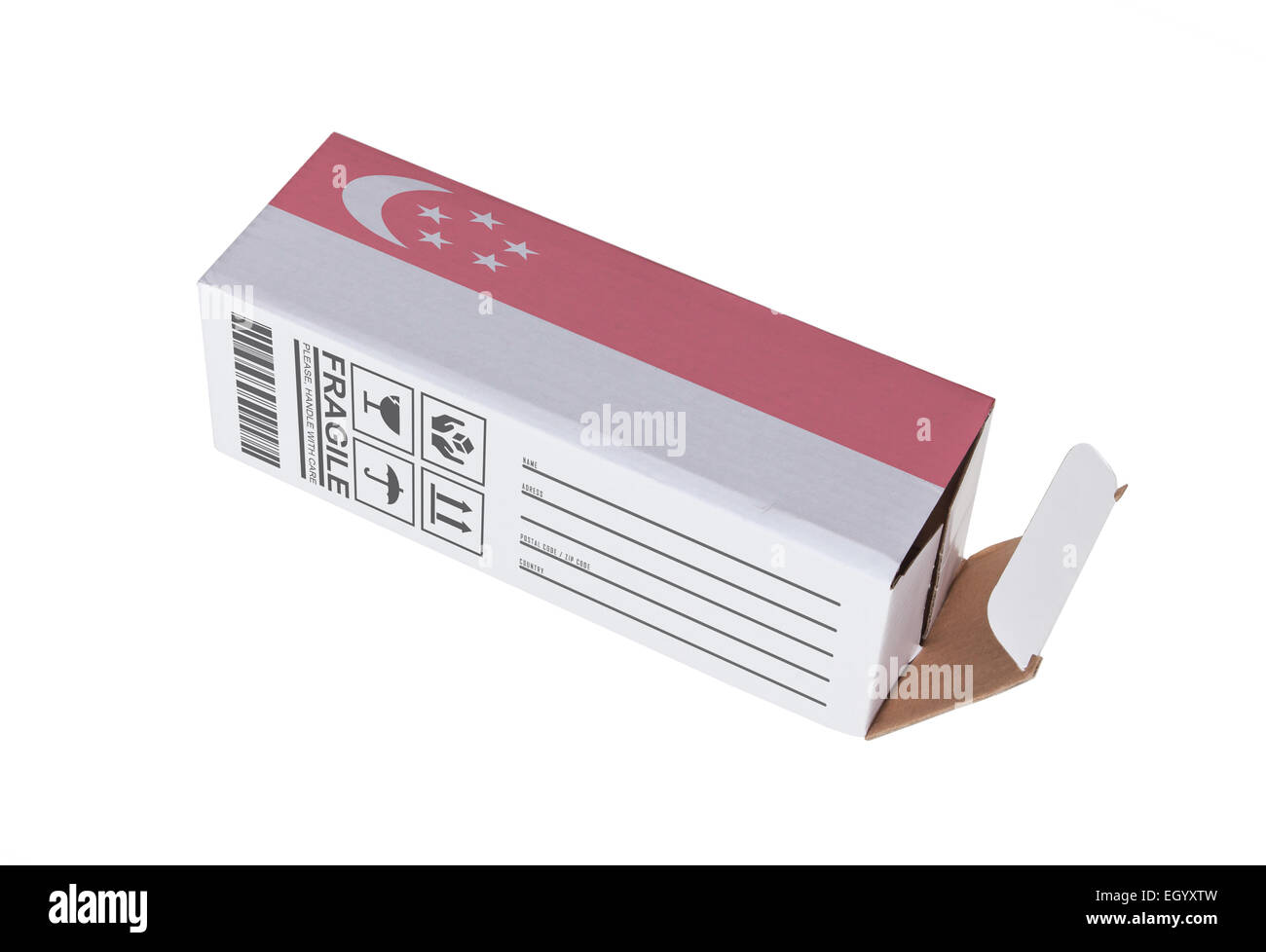Concept of export, opened paper box - Product of Singapore Stock Photo ...