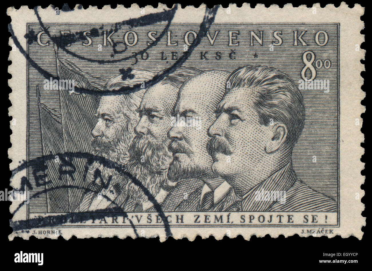 CZECHOSLOVAKIA - CIRCA 1951: Stamp printed by Czechoslovakia, shows Marx, Engels, Lenin and Stalin, circa 1951 Stock Photo