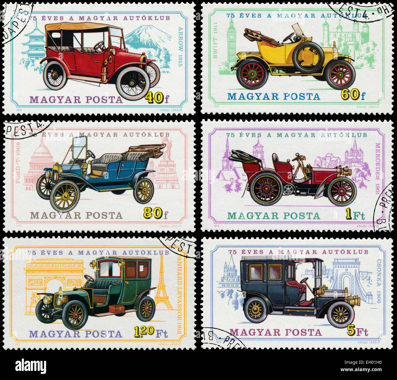 HUNGARY - CIRCA 1975: Set of stamps printed in Hungary shows retro cars ...
