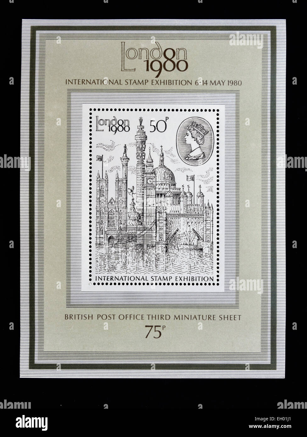 Postage stamp. Great Britain. Queen Elizabeth II. 1980. London 1980 International Stamp Exhibition. Third Miniature Sheet. Stock Photo