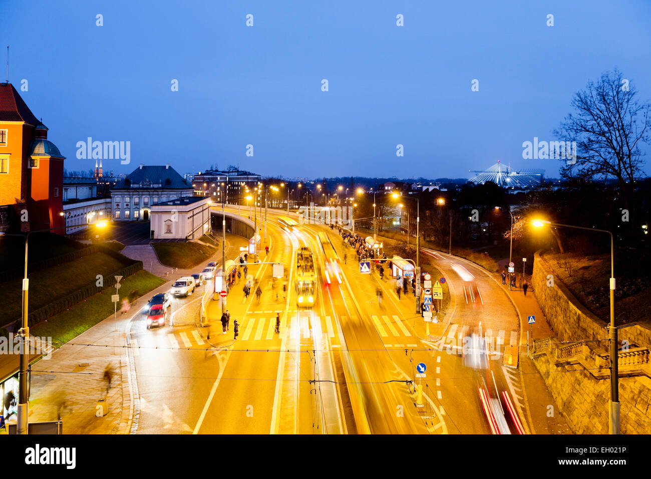 Poland, Warsaw, View on Stare Miasto, bus stop in the old town district in the evening Stock Photo