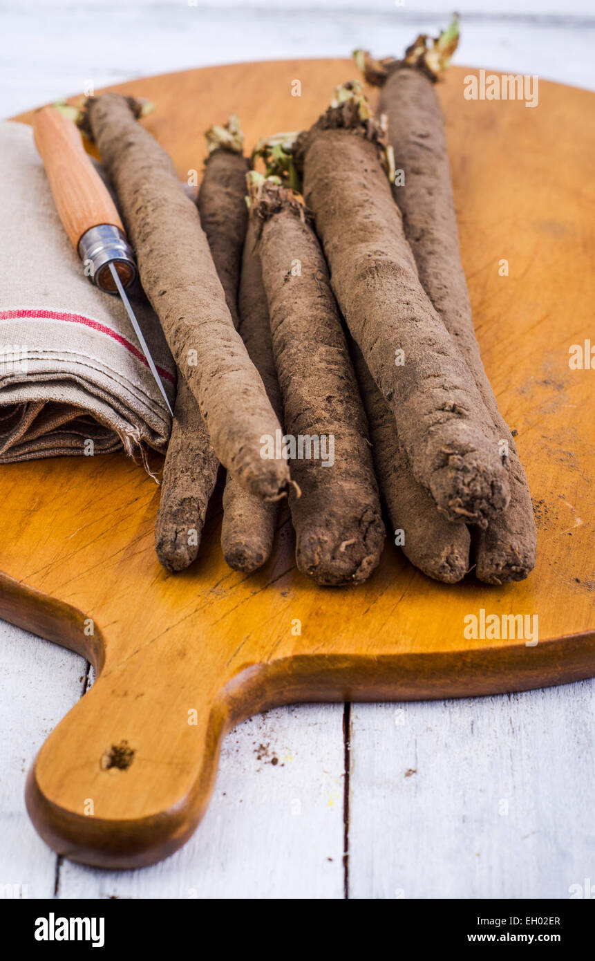 Black salsifies, knife and kitchen towel on chopping board Stock Photo ...