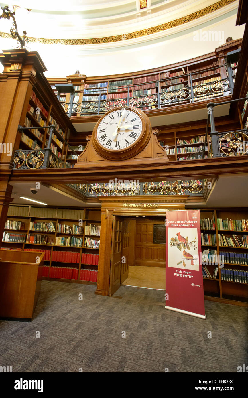 Interior of Picton reading room with clock above entrance to Hornby Library, Central Library Liverpool UK Stock Photo