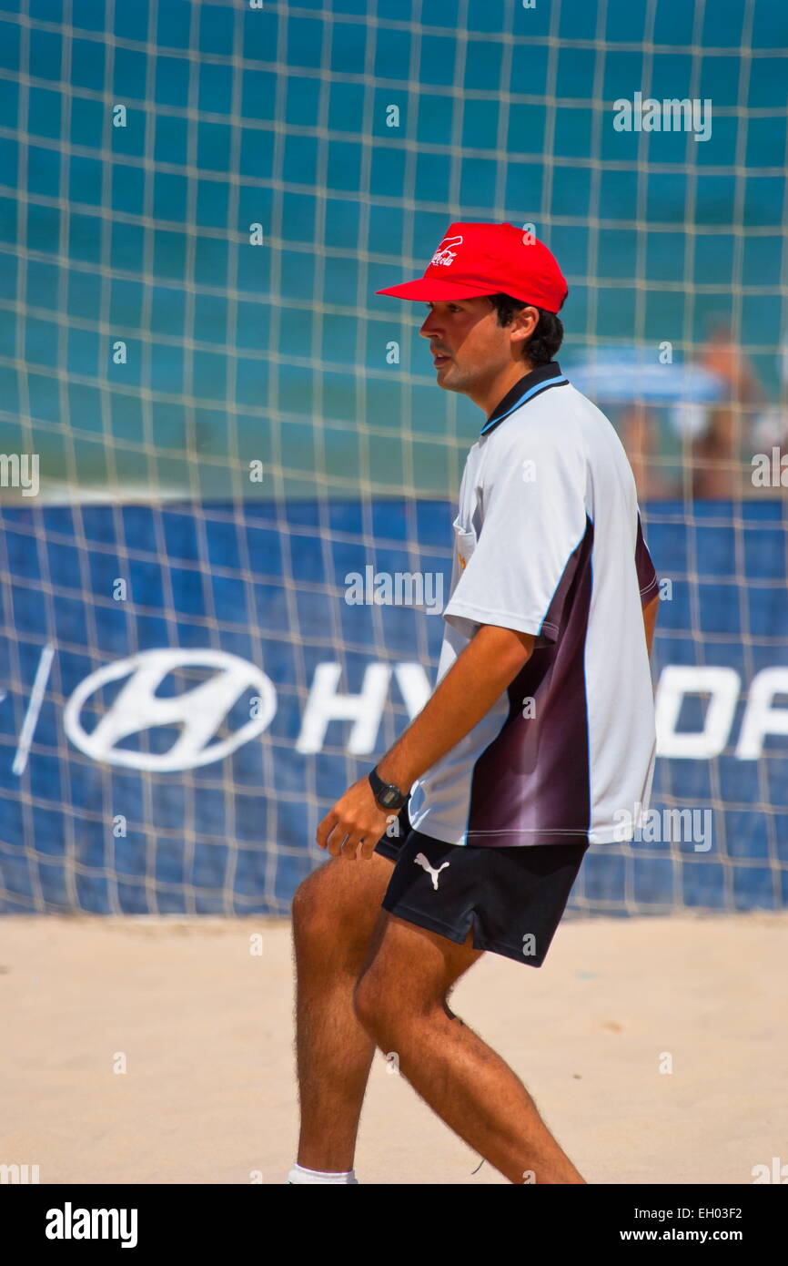 CADIZ, SPAIN - JUL 22: Unknow referee, refereeing a match of the Spanish Championship of Beach Soccer on Jul 22, 2006 on the beach of La Victoria in Cadiz, Spain Stock Photo