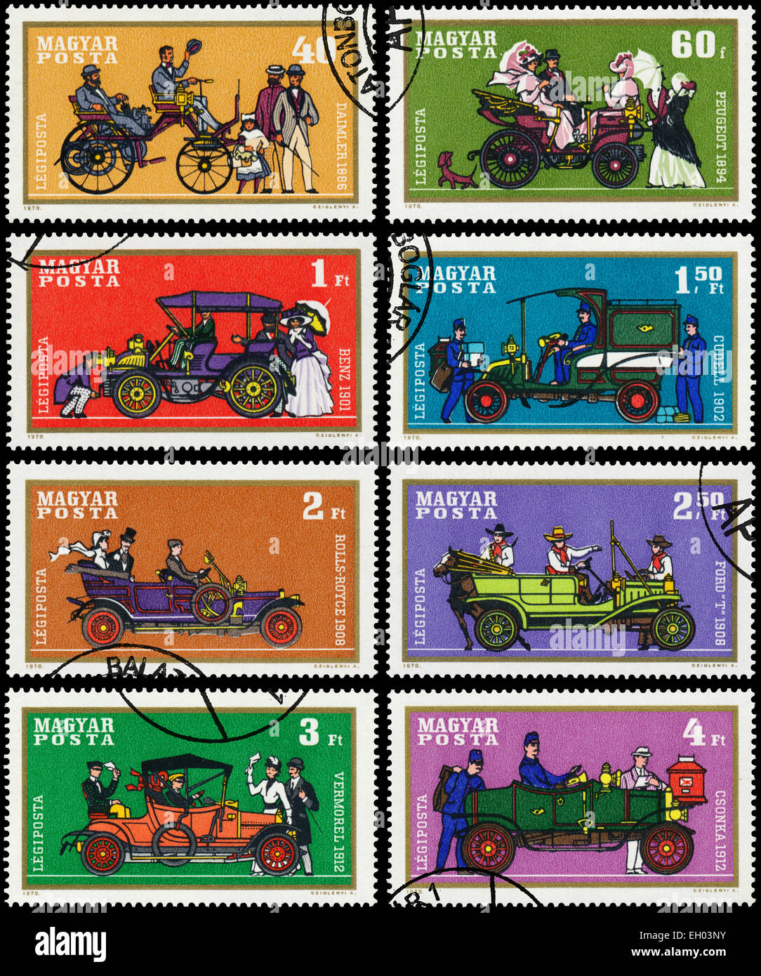 HUNGARY - CIRCA 1970: Set of stamps printed by Hungary, shows automobile, Daimler, Peugeot, Benz, Cudel, Ford, Rolls Royce, Verm Stock Photo