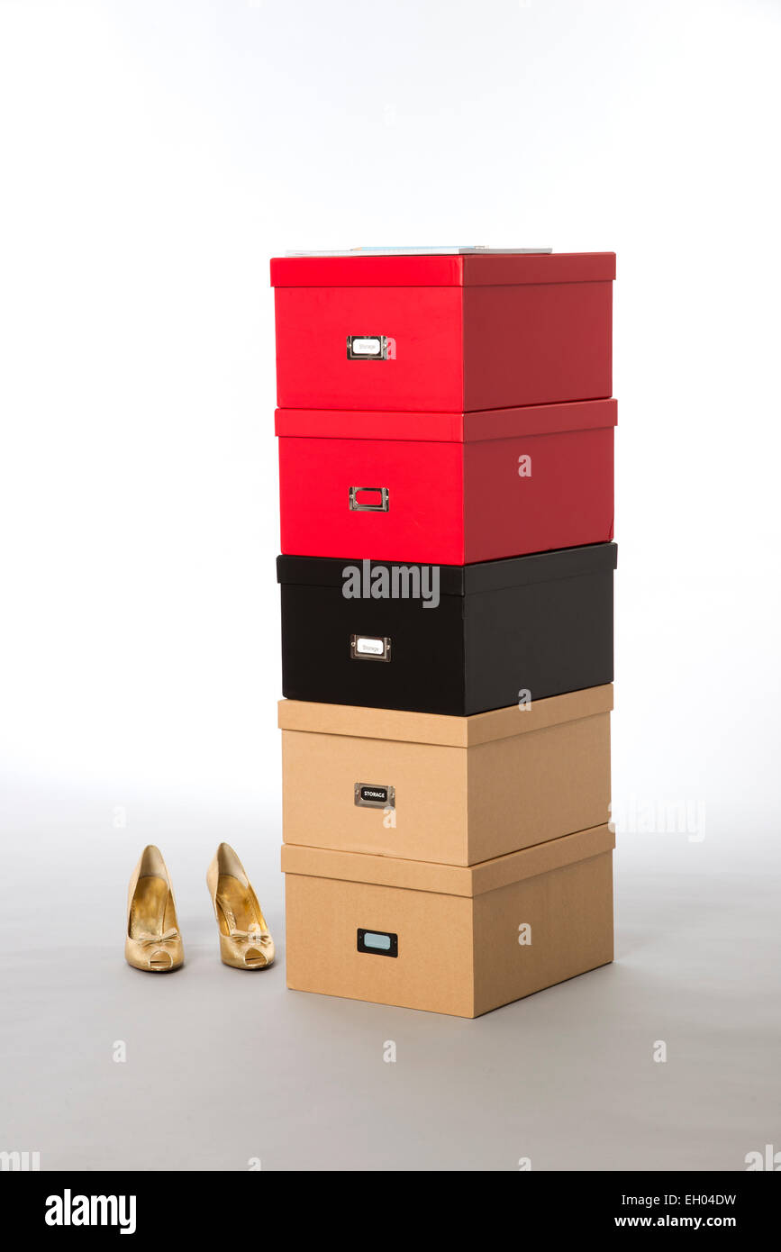 Shoe storage boxes in different colours Stock Photo