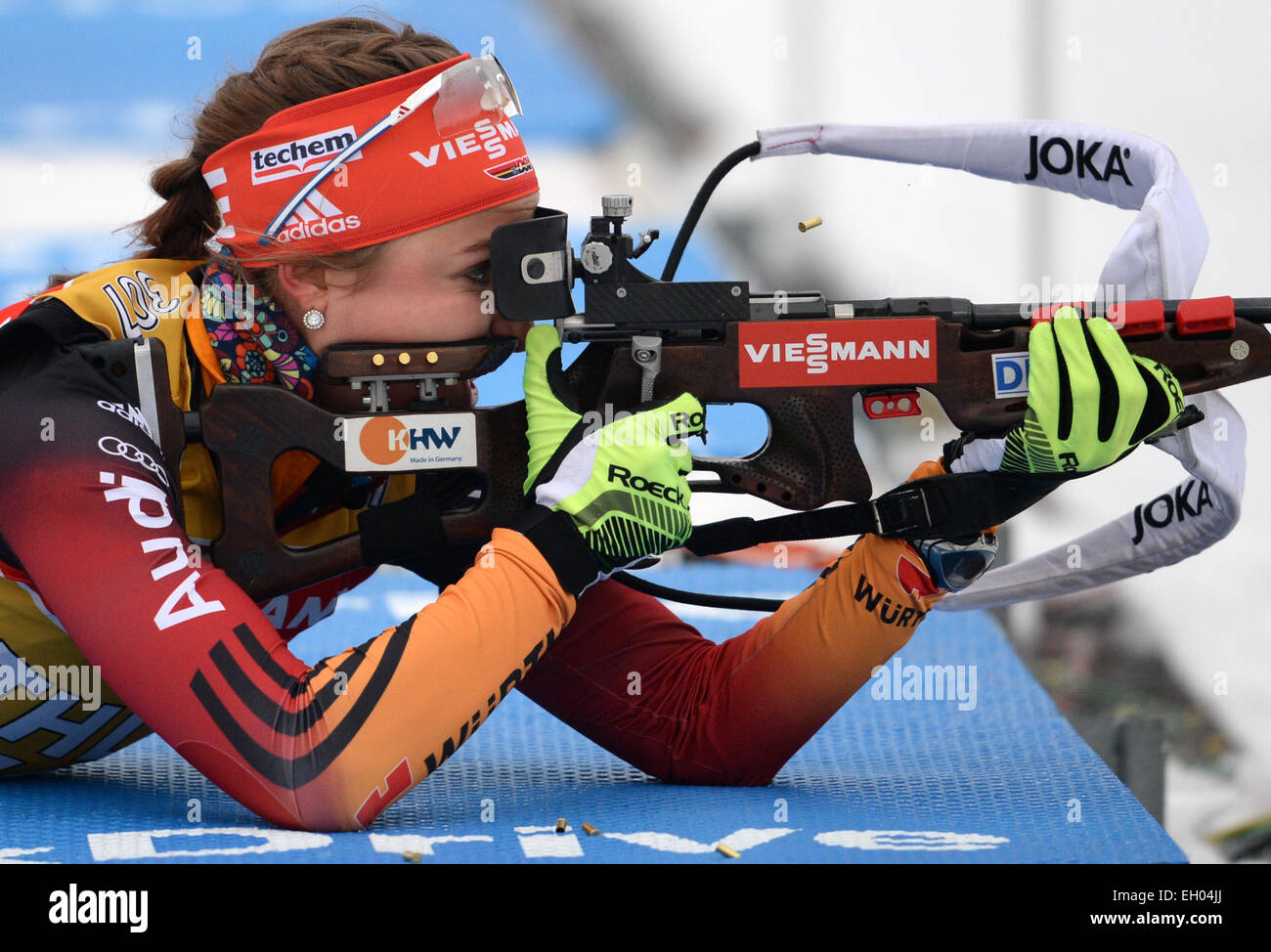 Kontiolahti, Finland. 04th Mar, 2015. German biathlete Luise Kummer in action during a training session at the Biathlon World Championships in Kontiolahti, Finland, 04 March 2015. Photo: RALF HIRSCHBERGER/dpa/Alamy Live News Stock Photo