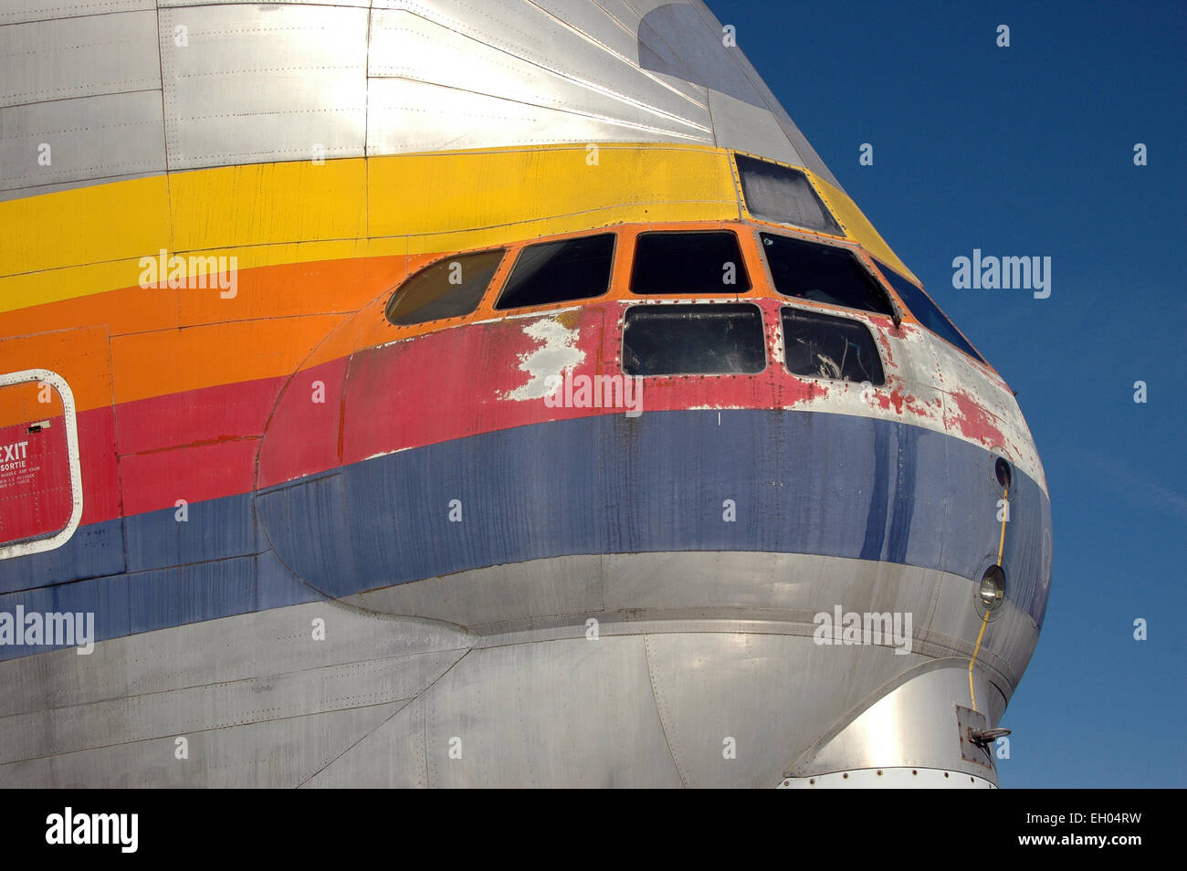 Structure detail of a Super Guppy under Aibus delivery colors in the museum ''Les ailes anciennes'' in Blagnac near Toulouse. Stock Photo