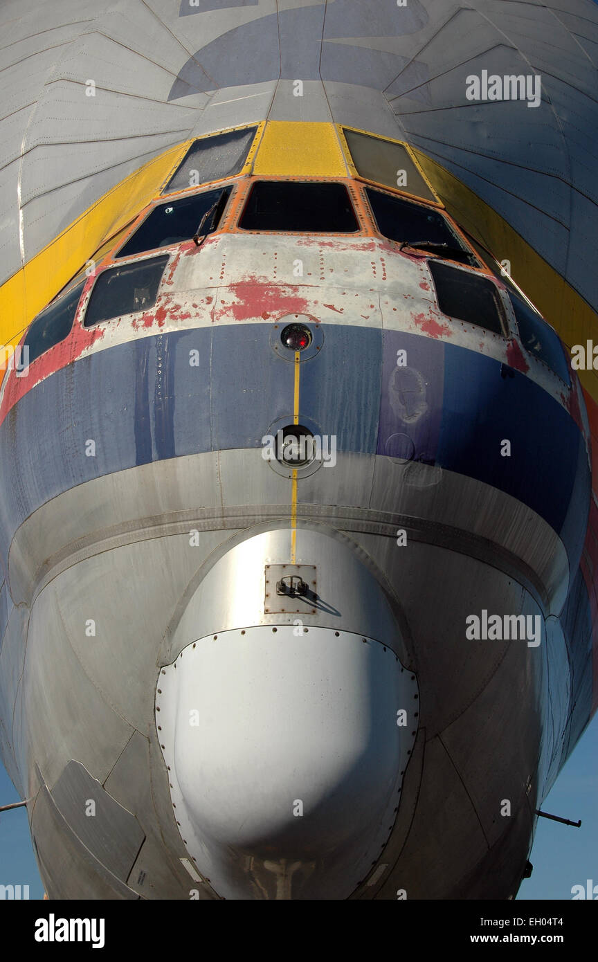 Structure detail of a Super Guppy under Aibus delivery colors in the museum ''Les ailes anciennes'' in Blagnac near Toulouse. Stock Photo