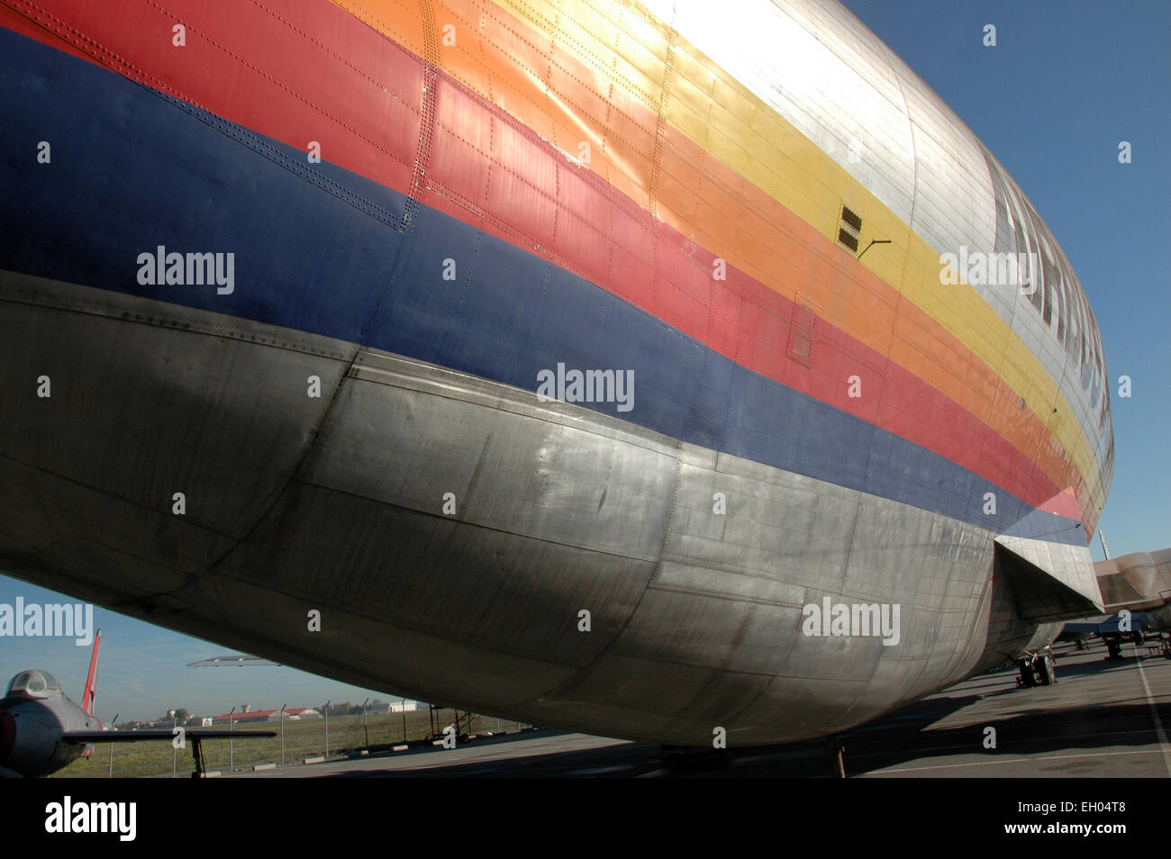 Structure detail of a Super Guppy under Aibus delivery colors in the museum ''Les ailes anciennes'' in Blagnac near Toulouse. Stock Photo